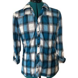 Women Bongo Brand Blouse Blue Plaid w/Lacey Back Polyester Blend Junior Size M